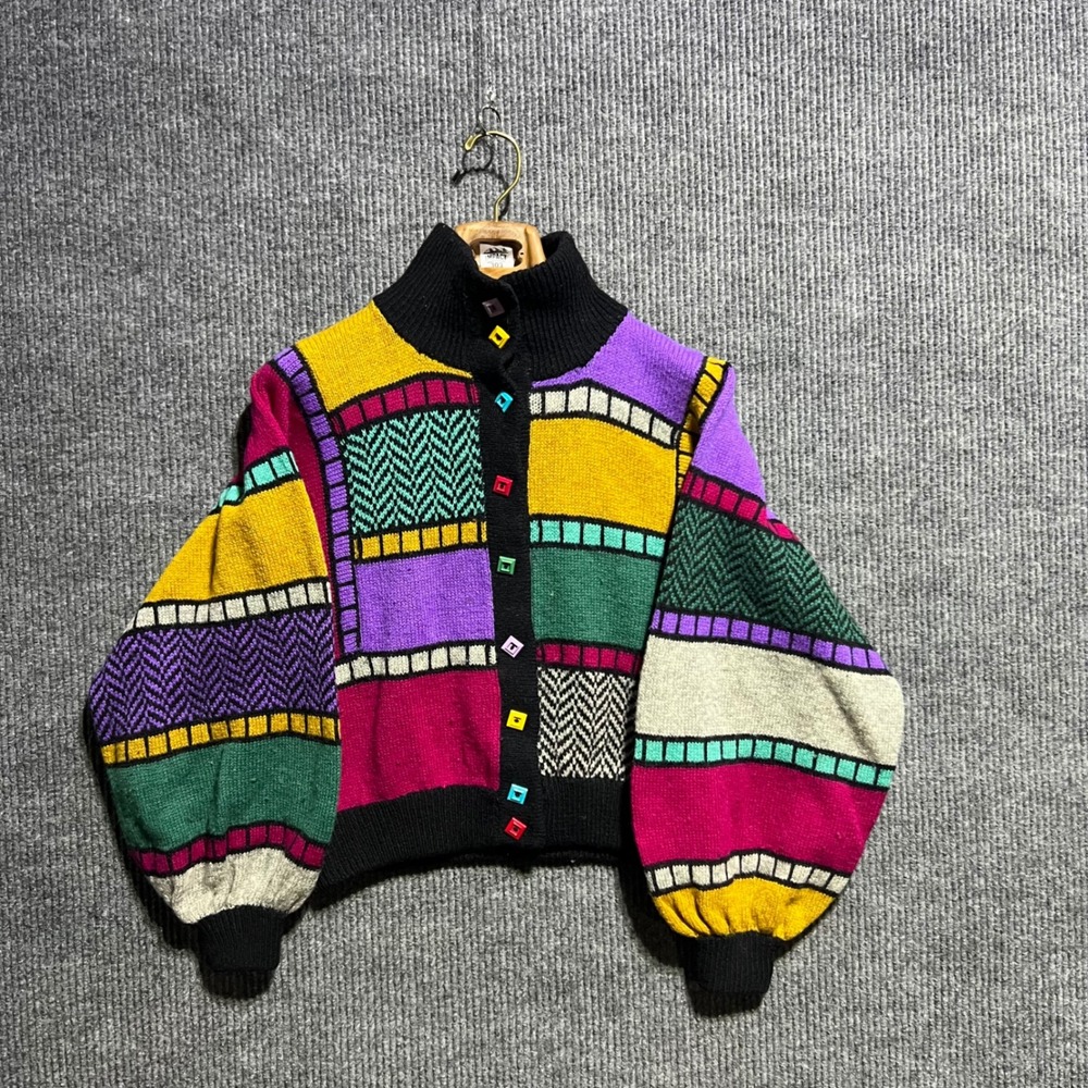 Vintage Jeanette Williams Cardigan Womens M Multi Color Patchwork Knit Scotland